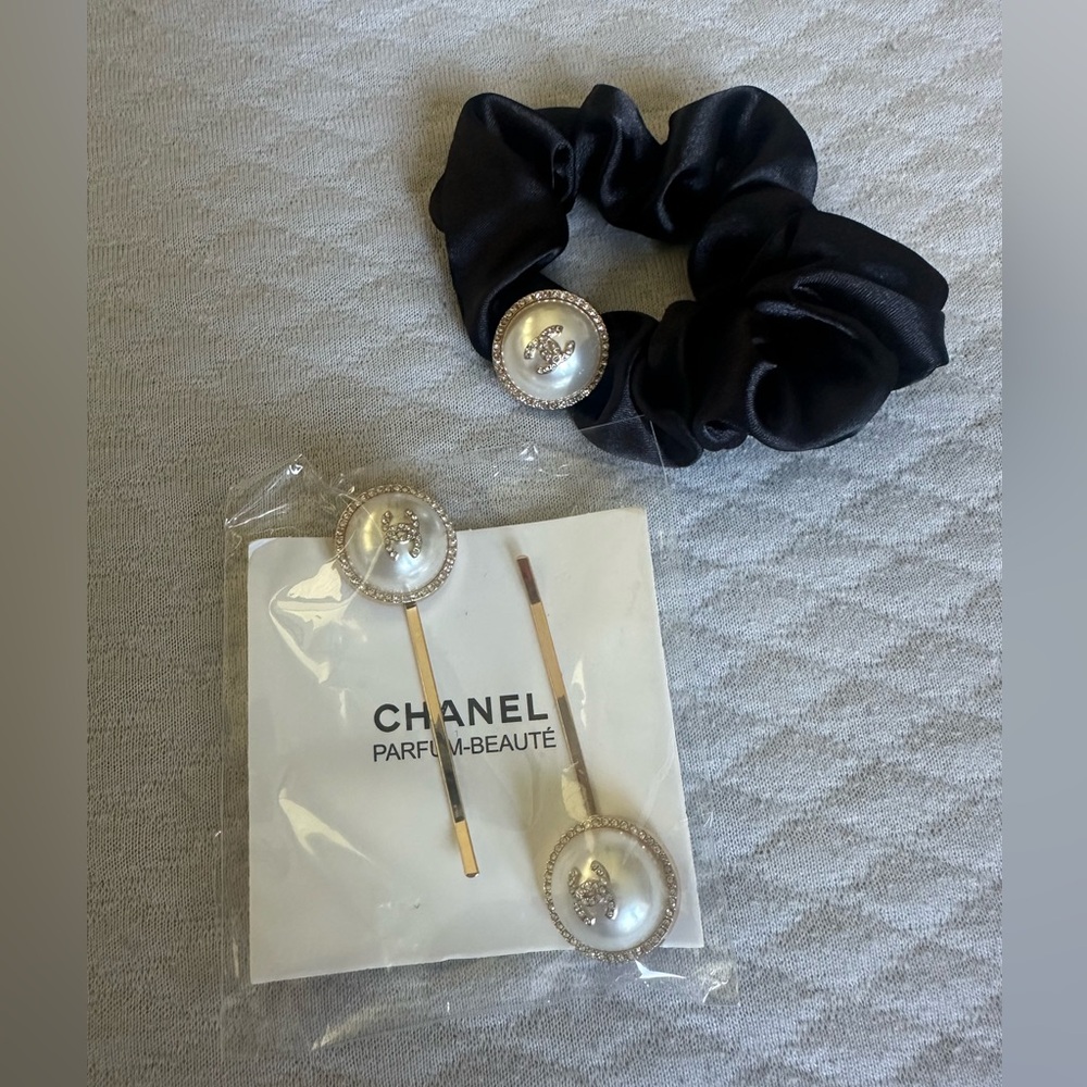Chanel Black Scrunchie and Gold Hair Pins Set GWP